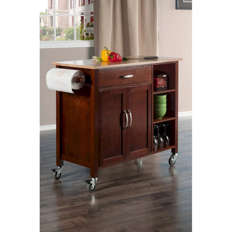 Utility Kitchen Cart with Drop Leaves Walnut Natural Finish Rolling Storage