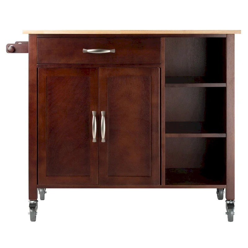 Utility Kitchen Cart with Drop Leaves Walnut Natural Finish Rolling Storage