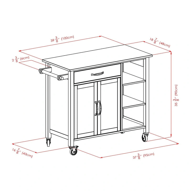 Utility Kitchen Cart with Drop Leaves Walnut Natural Finish Rolling Storage