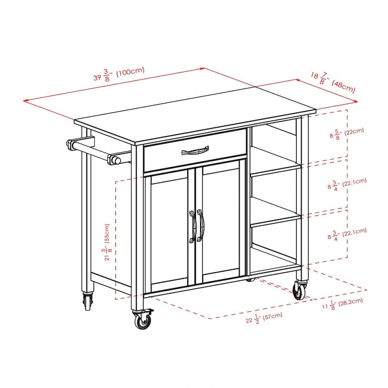 Utility Kitchen Cart with Drop Leaves Walnut Natural Finish Rolling Storage