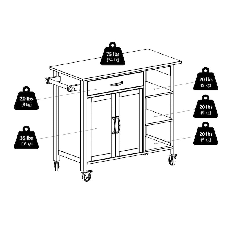 Utility Kitchen Cart with Drop Leaves Walnut Natural Finish Rolling Storage