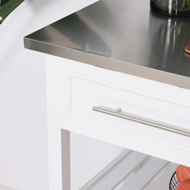 White Rolling Kitchen Island with 2 Drawers and Stainless Steel Top