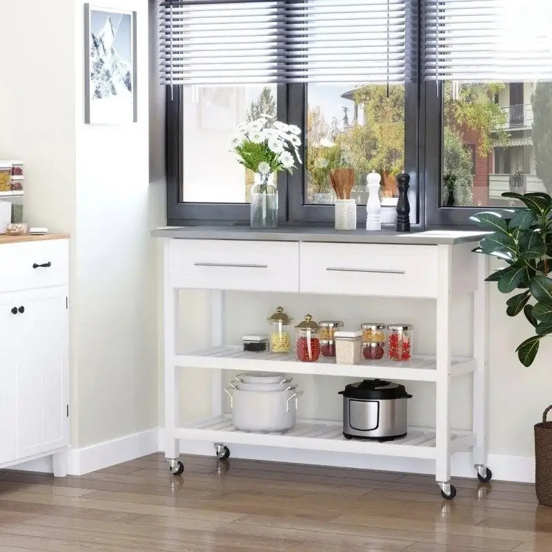 White Rolling Kitchen Island with 2 Drawers and Stainless Steel Top