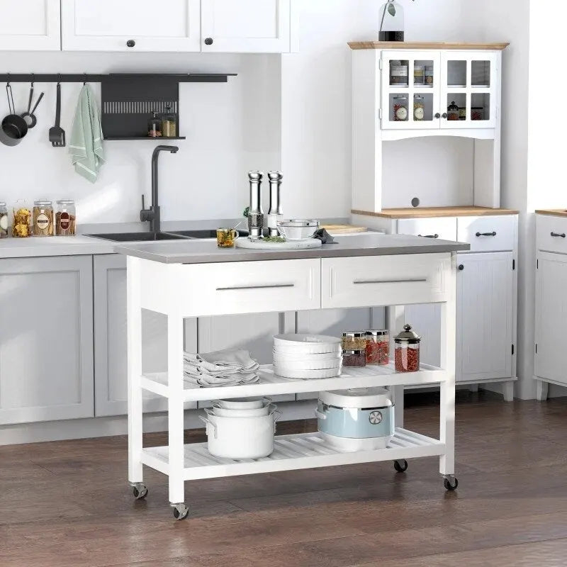 White Rolling Kitchen Island with 2 Drawers and Stainless Steel Top
