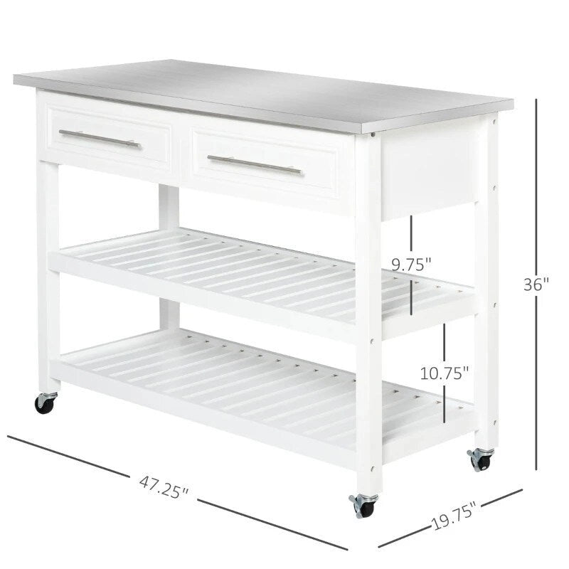 White Rolling Kitchen Island with 2 Drawers and Stainless Steel Top