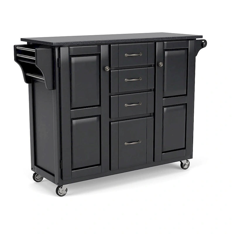 Black Wood Kitchen Cart with Granite Top and Storage Drawers 48 x 18 x 36