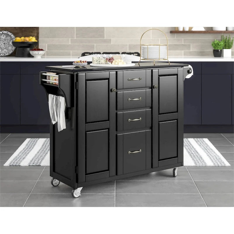 Black Wood Kitchen Cart with Granite Top and Storage Drawers 48 x 18 x 36