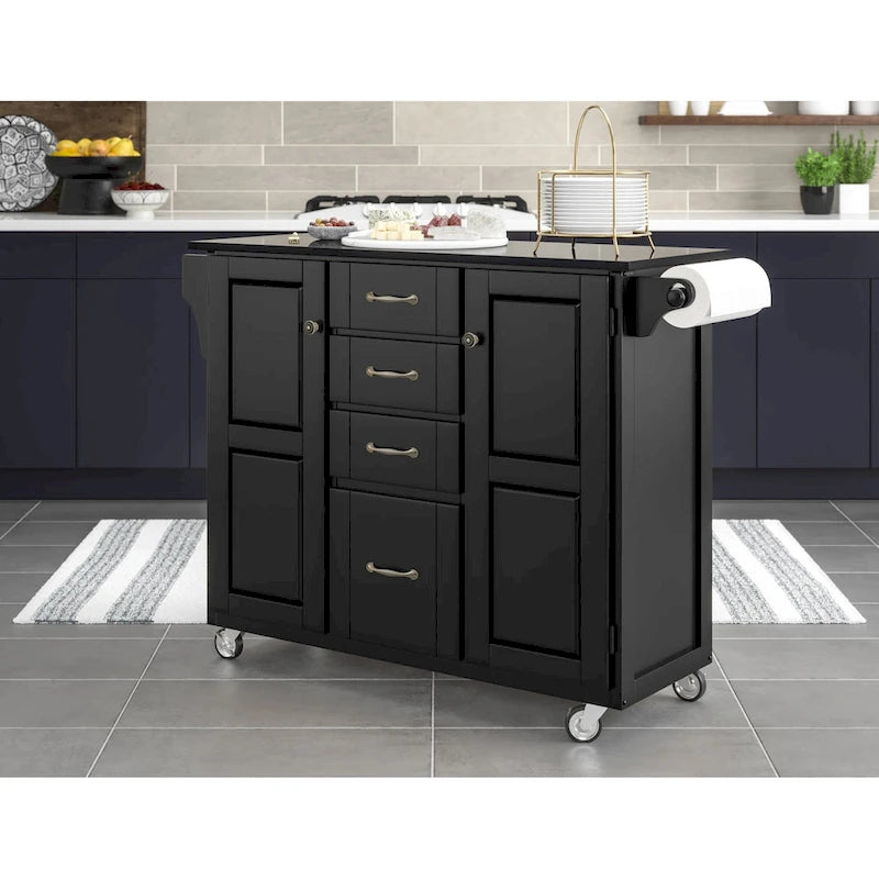 Black Wood Kitchen Cart with Granite Top and Storage Drawers 48 x 18 x 36