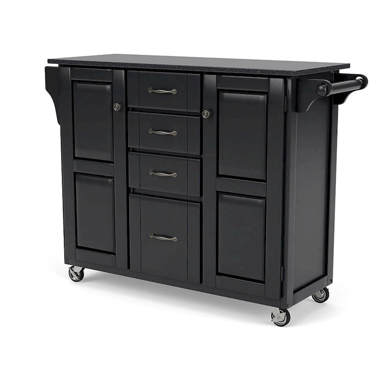 Black Wood Kitchen Cart with Granite Top and Storage Drawers 48 x 18 x 36