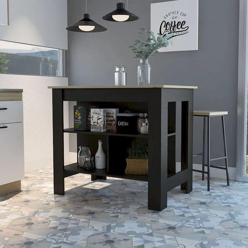 Modern Black Wengue and Light Oak Kitchen Island
