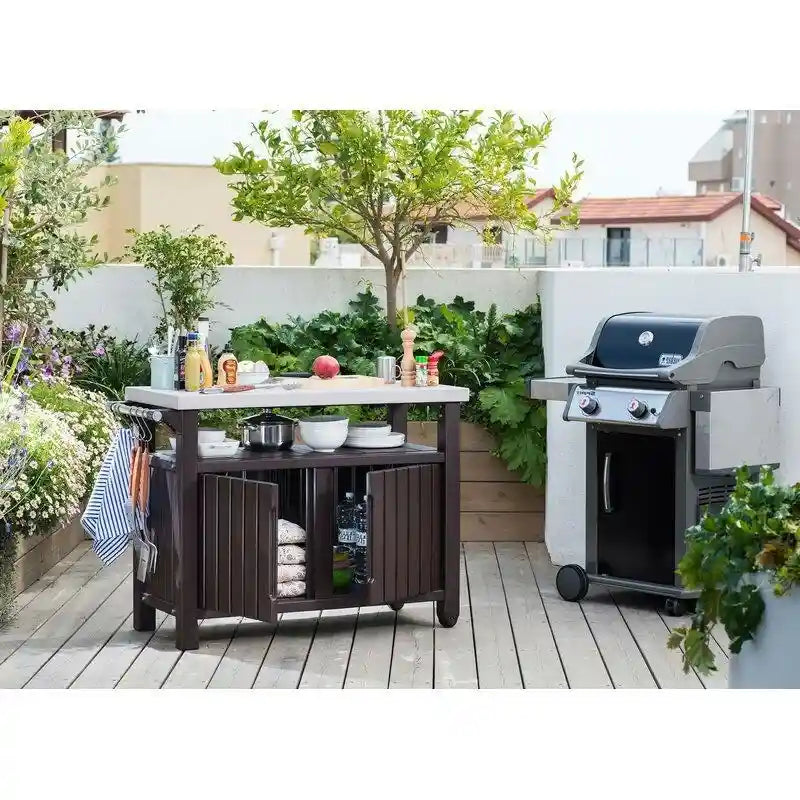 Outdoor Patio Bar Serving Cart with Storage and Casters Dark Brown