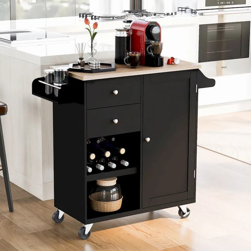 41.3 in. Rolling Kitchen Island with Spice Rack and Two Drawers
