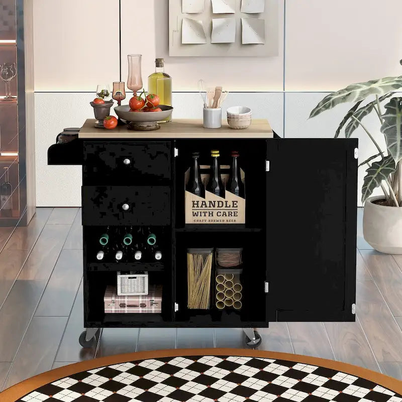 41.3 in. Rolling Kitchen Island with Spice Rack and Two Drawers