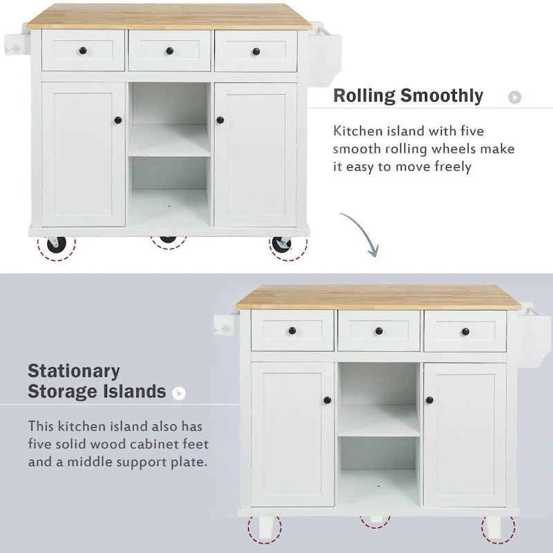 Kitchen Island on 5 Wheels with Storage Cabinet and 3 Drawers