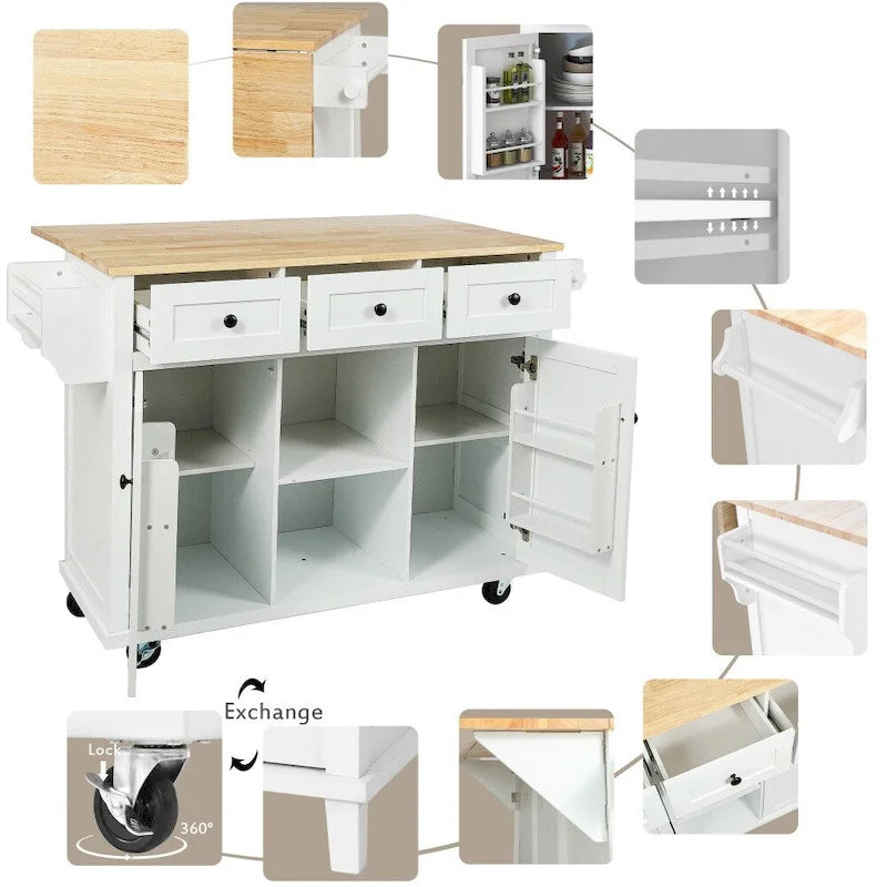 Kitchen Island on 5 Wheels with Storage Cabinet and 3 Drawers