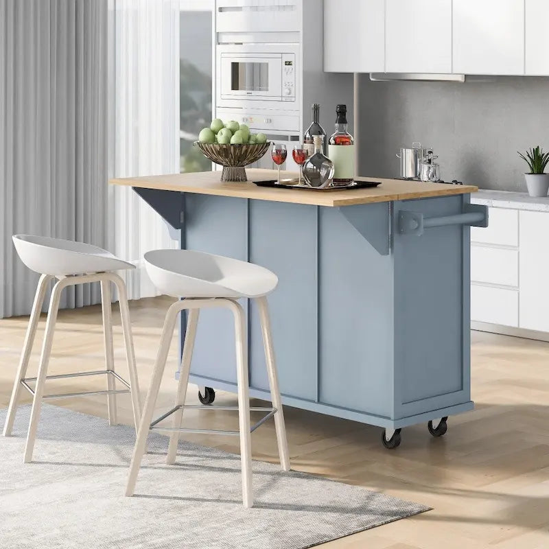 Kitchen Island on 5 Wheels with Storage Cabinet and 3 Drawers