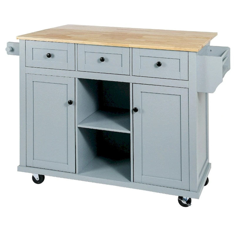 Kitchen Island on 5 Wheels with Storage Cabinet and 3 Drawers