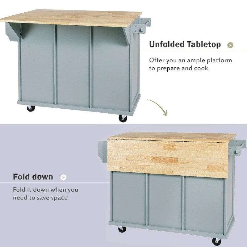 Kitchen Island on 5 Wheels with Storage Cabinet and 3 Drawers