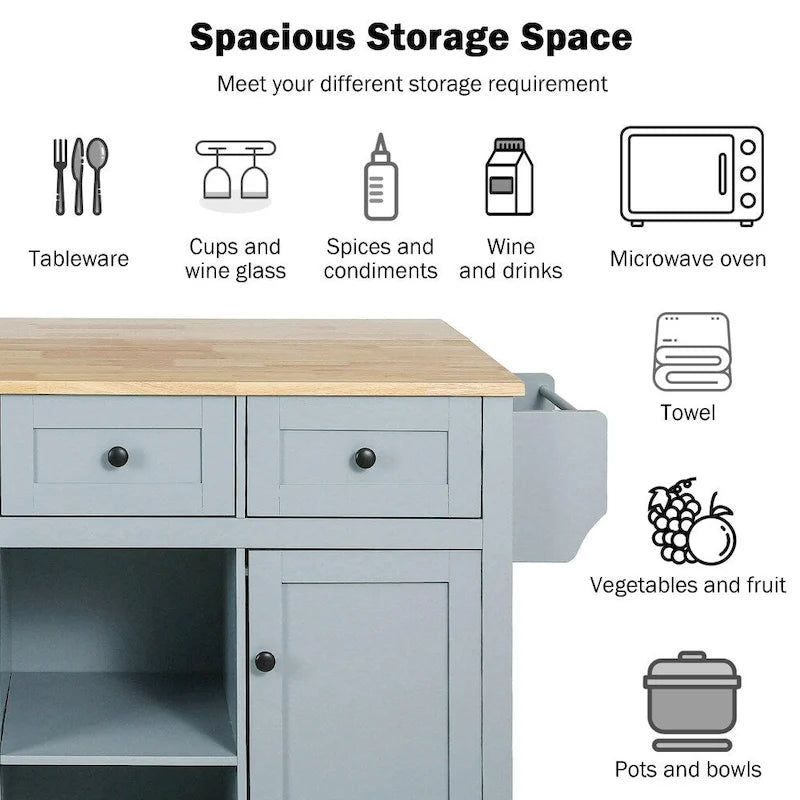 Kitchen Island on 5 Wheels with Storage Cabinet and 3 Drawers