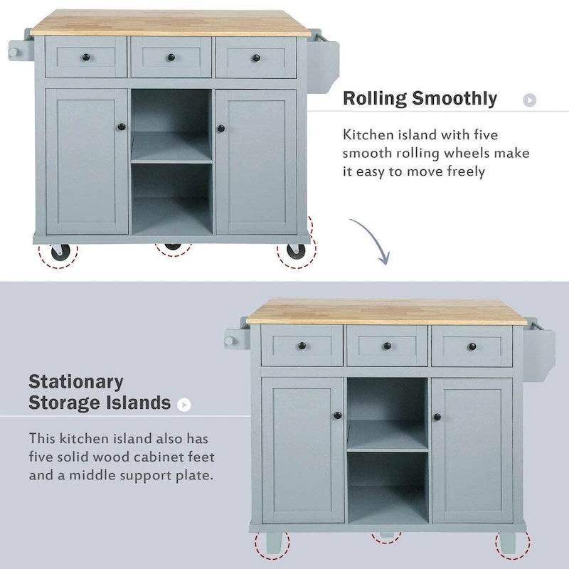 Kitchen Island on 5 Wheels with Storage Cabinet and 3 Drawers