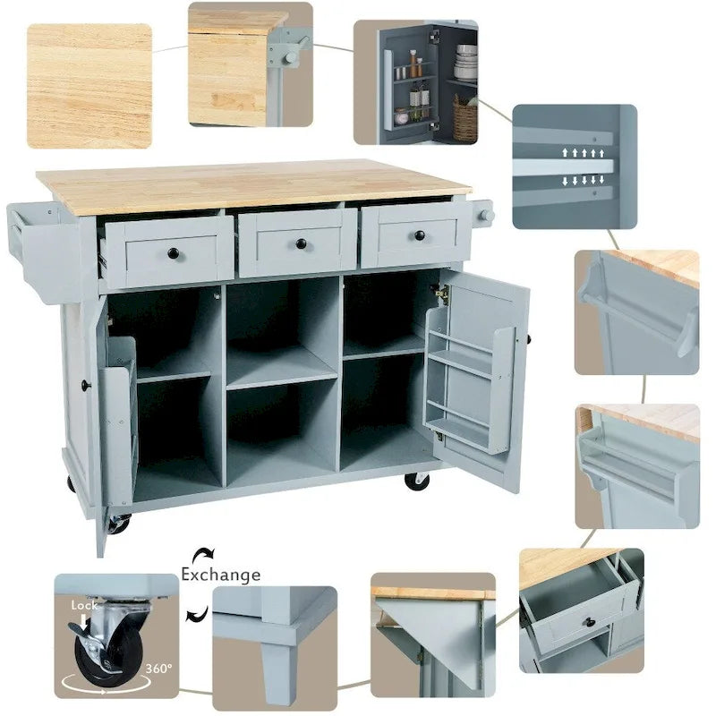 Kitchen Island on 5 Wheels with Storage Cabinet and 3 Drawers
