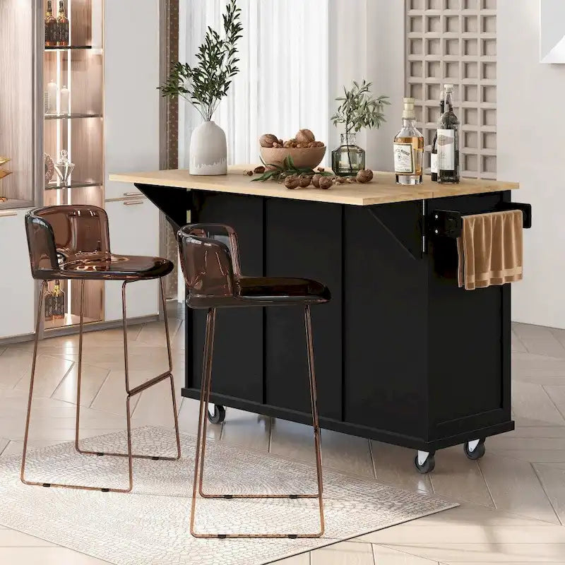 Kitchen Island on 5 Wheels with Storage Cabinet and 3 Drawers