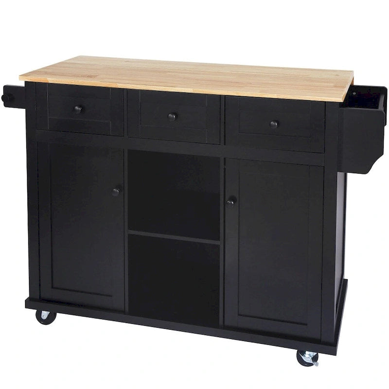 Kitchen Island on 5 Wheels with Storage Cabinet and 3 Drawers