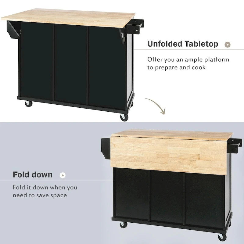 Kitchen Island on 5 Wheels with Storage Cabinet and 3 Drawers