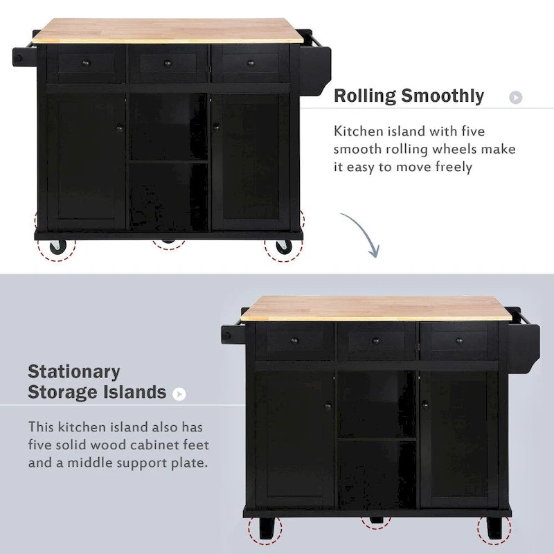Kitchen Island on 5 Wheels with Storage Cabinet and 3 Drawers