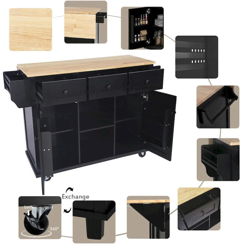 Kitchen Island on 5 Wheels with Storage Cabinet and 3 Drawers