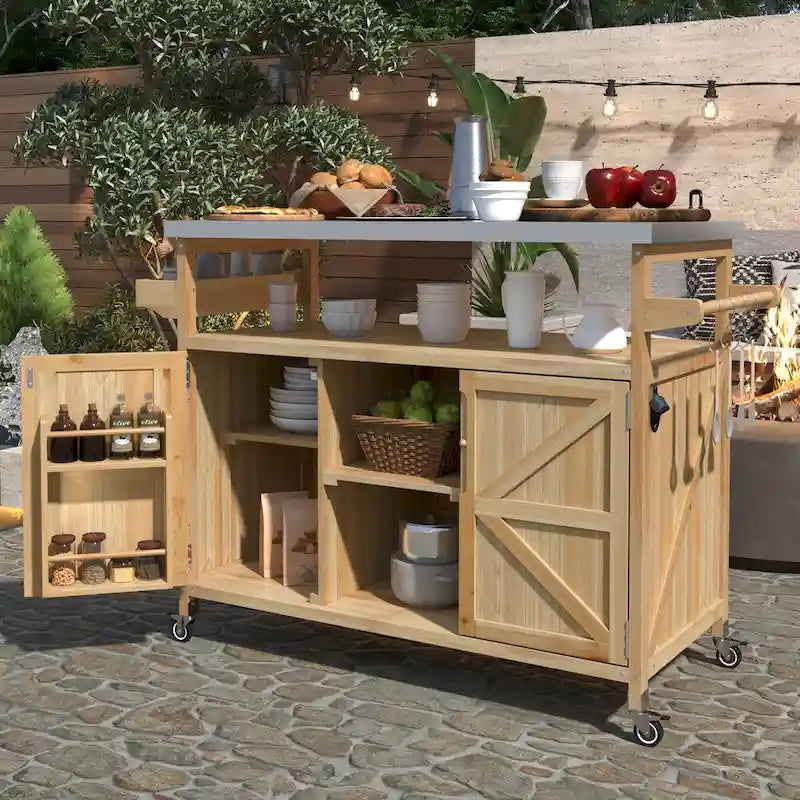 Outdoor Kitchen Island, Rolling Bar Cart & Storage Cabinet, Solid Wood Grill Table with Stainless Steel Top, Spice Rack, Towel Rack