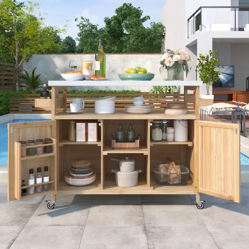 Outdoor Kitchen Island, Rolling Bar Cart & Storage Cabinet, Solid Wood Grill Table with Stainless Steel Top, Spice Rack, Towel Rack