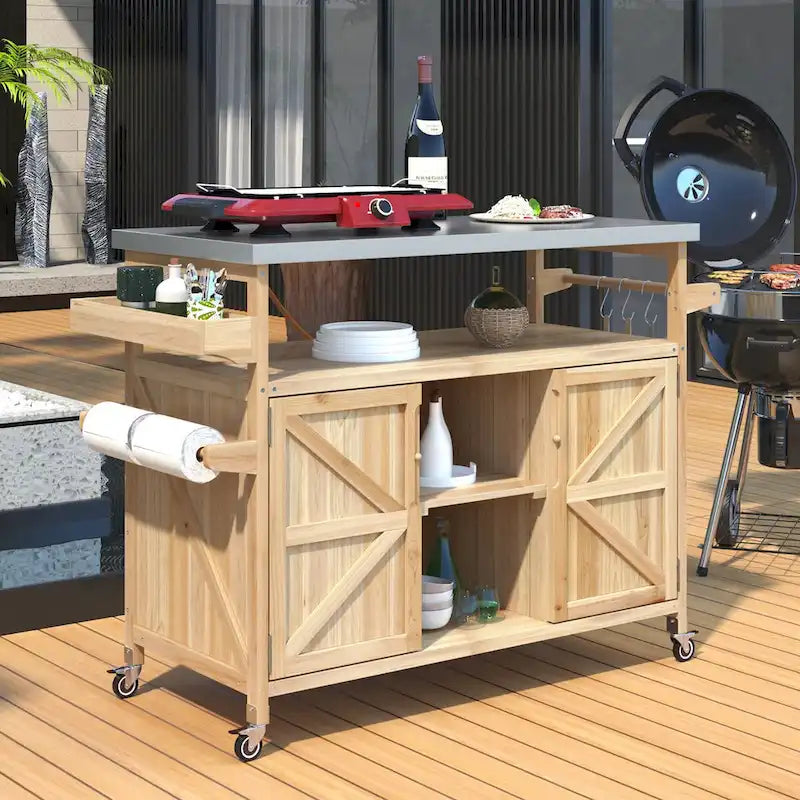 Outdoor Kitchen Island, Rolling Bar Cart & Storage Cabinet, Solid Wood Grill Table with Stainless Steel Top, Spice Rack, Towel Rack