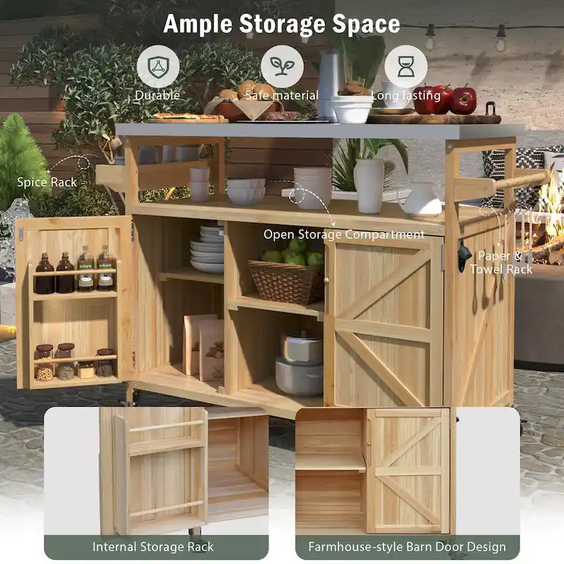 Outdoor Kitchen Island, Rolling Bar Cart & Storage Cabinet, Solid Wood Grill Table with Stainless Steel Top, Spice Rack, Towel Rack