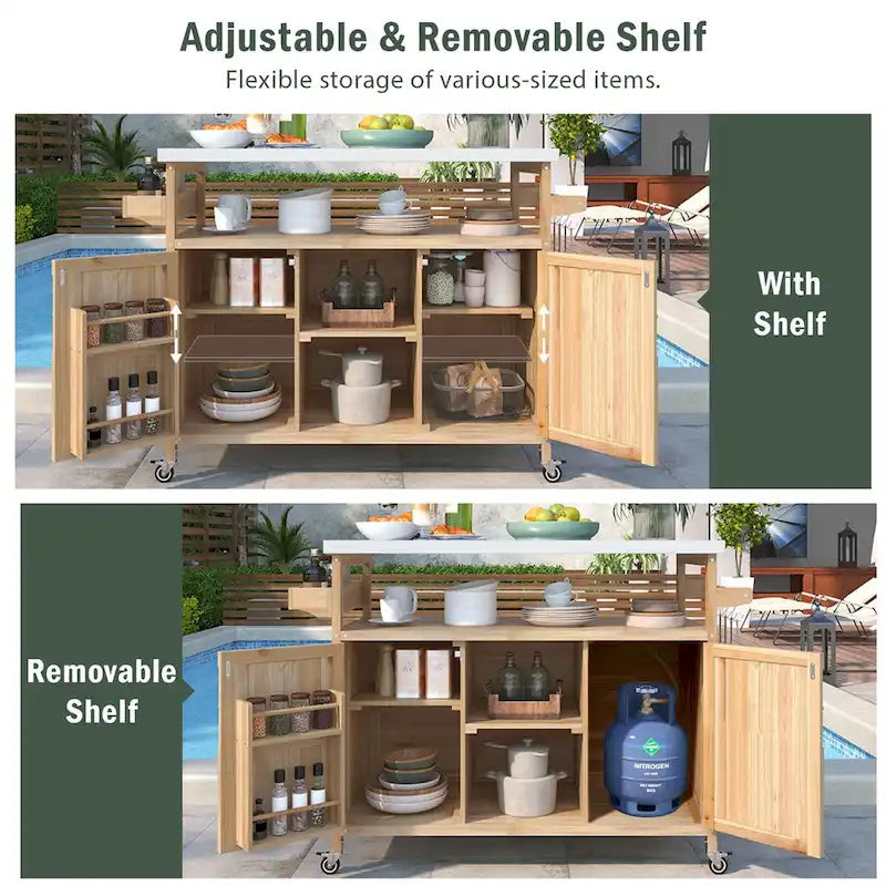 Outdoor Kitchen Island, Rolling Bar Cart & Storage Cabinet, Solid Wood Grill Table with Stainless Steel Top, Spice Rack, Towel Rack