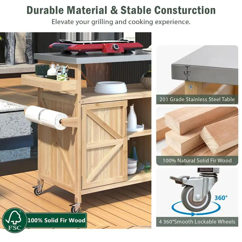 Outdoor Kitchen Island, Rolling Bar Cart & Storage Cabinet, Solid Wood Grill Table with Stainless Steel Top, Spice Rack, Towel Rack