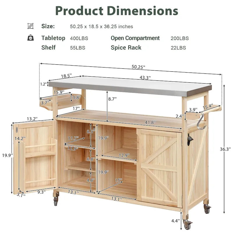 Outdoor Kitchen Island, Rolling Bar Cart & Storage Cabinet, Solid Wood Grill Table with Stainless Steel Top, Spice Rack, Towel Rack