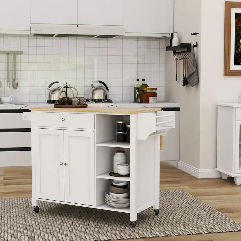 Double Door Kitchen Island with Adjustable Shelves, Lockable Wheels and Storage Drawer