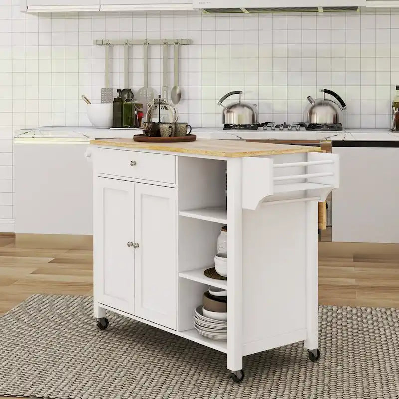 Double Door Kitchen Island with Adjustable Shelves, Lockable Wheels and Storage Drawer