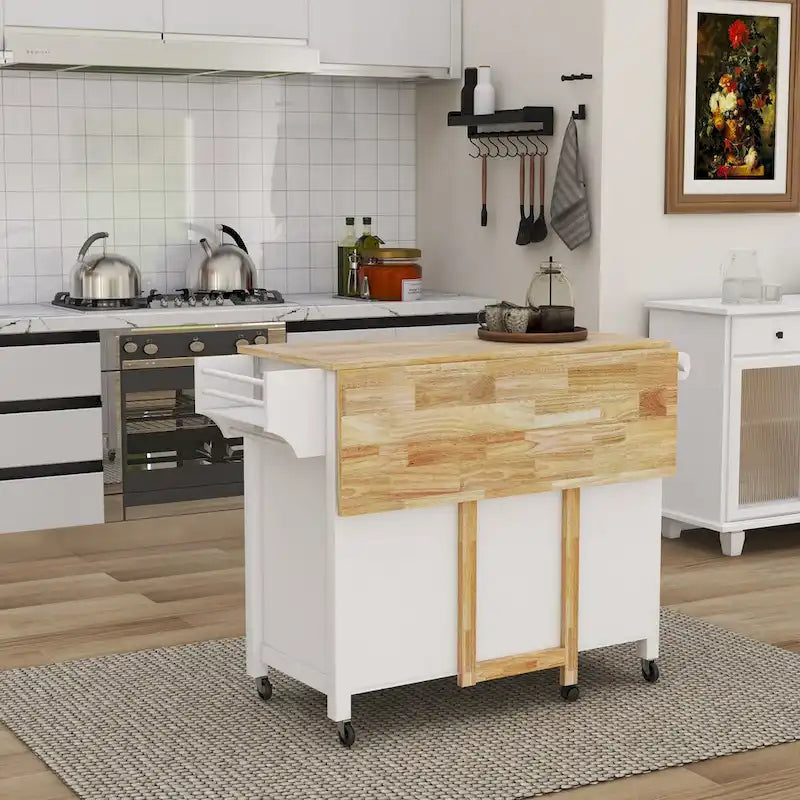 Double Door Kitchen Island with Adjustable Shelves, Lockable Wheels and Storage Drawer