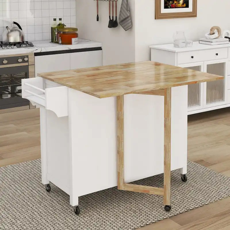 Double Door Kitchen Island with Adjustable Shelves, Lockable Wheels and Storage Drawer