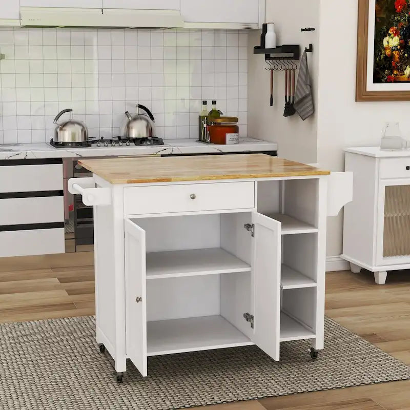 Double Door Kitchen Island with Adjustable Shelves, Lockable Wheels and Storage Drawer