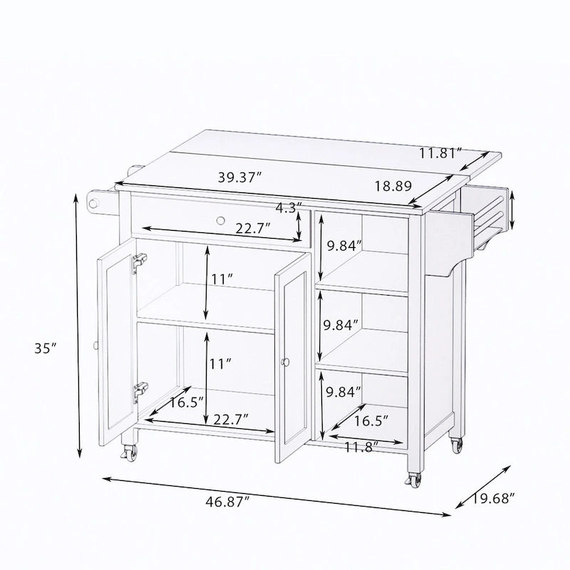 Double Door Kitchen Island with Adjustable Shelves, Lockable Wheels and Storage Drawer