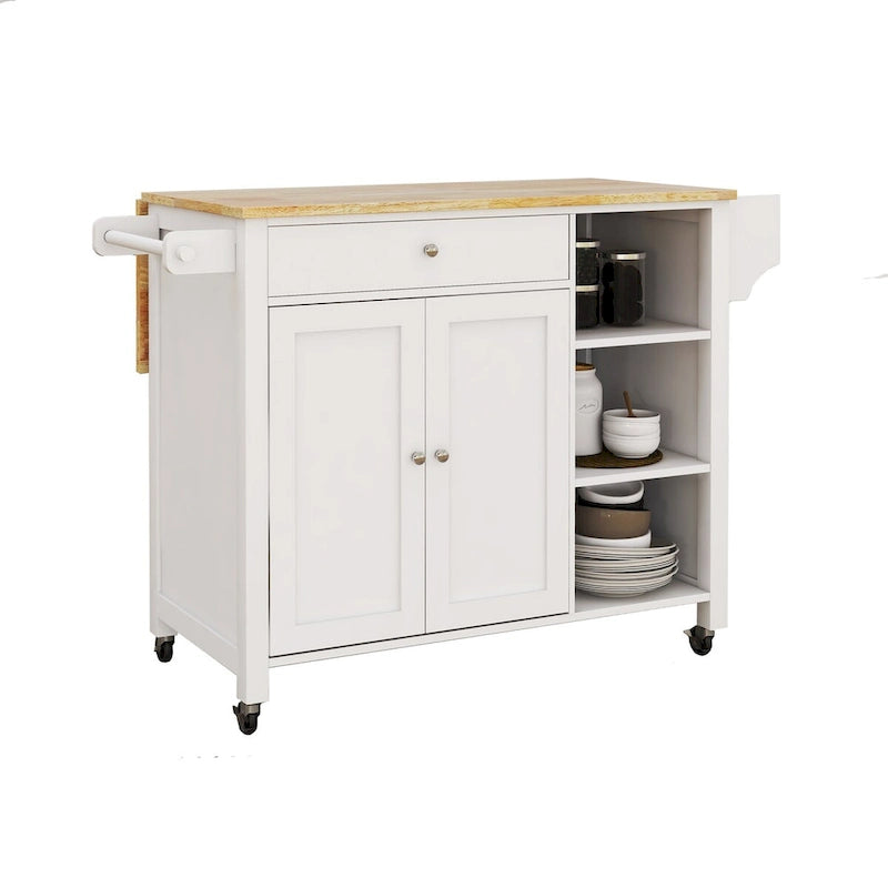 Double Door Kitchen Island with Adjustable Shelves, Lockable Wheels and Storage Drawer