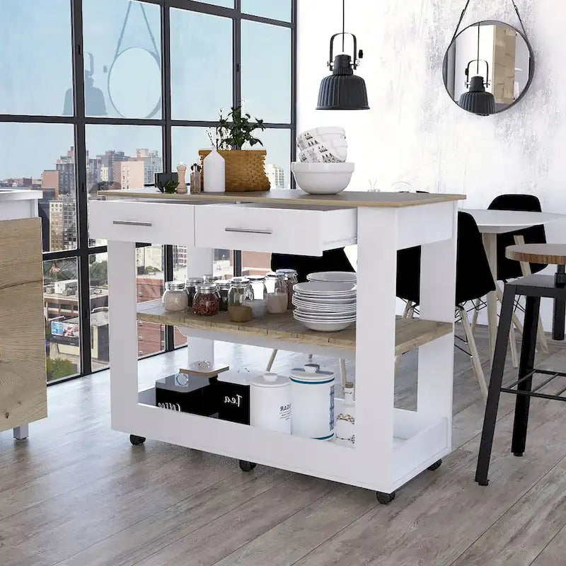 2-Drawer 2-Shelf Kitchen Island White and Light Oak