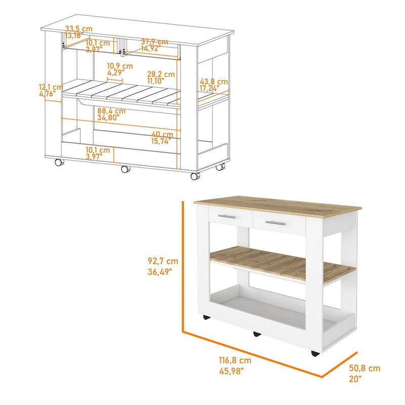 2-Drawer 2-Shelf Kitchen Island White and Light Oak