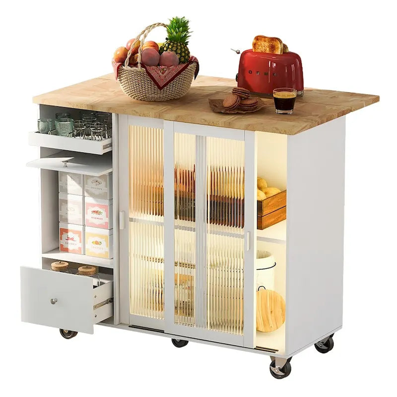 Kitchen Island Cart with Drop Leaf, LED Light and Changeable Wheels or Feet