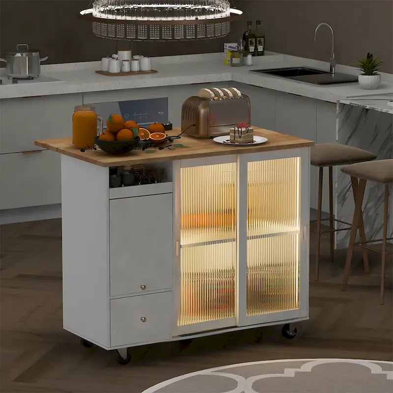 Kitchen Island Cart with Drop Leaf, LED Light and Changeable Wheels or Feet
