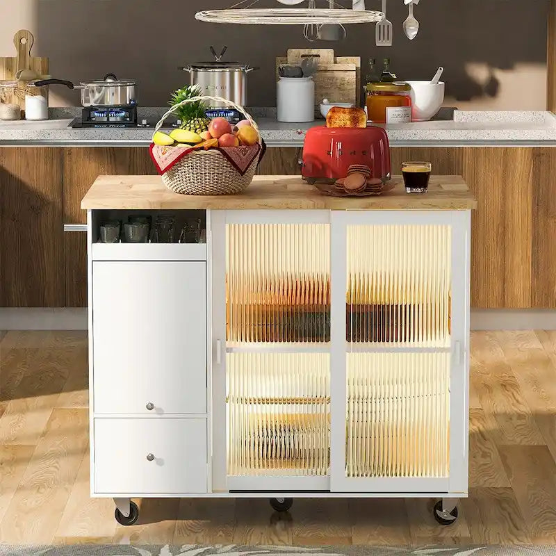 Kitchen Island Cart with Drop Leaf, LED Light and Changeable Wheels or Feet