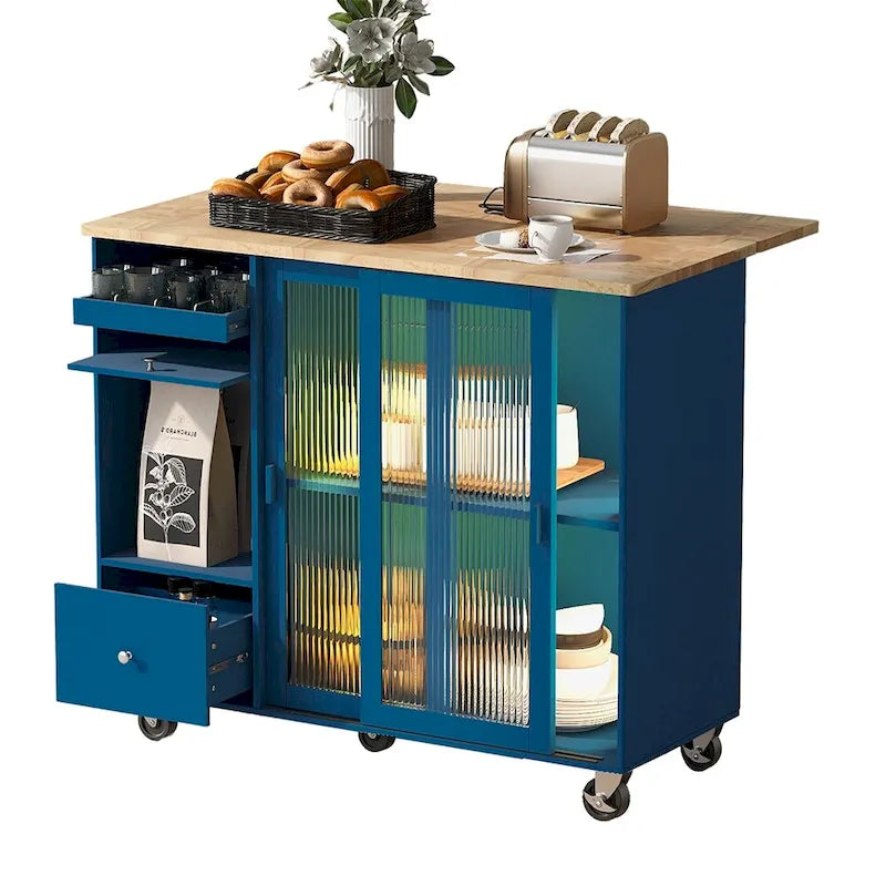 Kitchen Island Cart with Drop Leaf, LED Light and Changeable Wheels or Feet